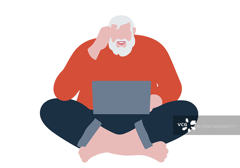 坐在白色背景上的老年男子，双腿交叉，使用笔记本电脑。插图图片素材