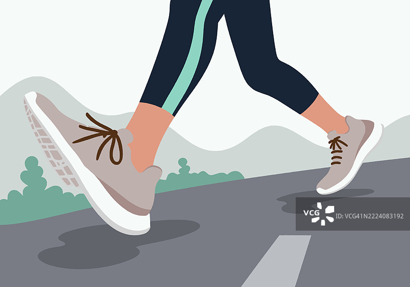 运动鞋脚部在公路上慢跑，背景是山脉的插图。图片素材