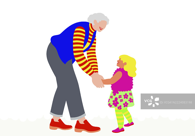 穿着色彩鲜艳服装的老年人与小孩在白色背景下手牵手。插图图片素材
