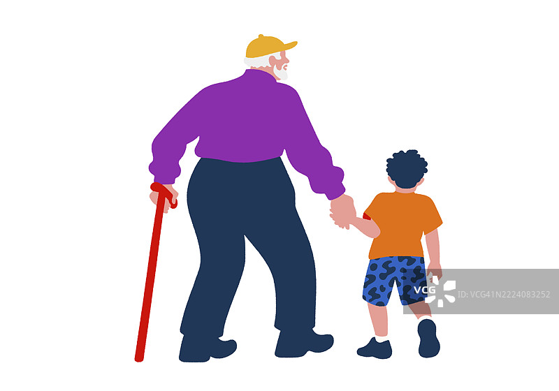 一位老人和一个小孩手牵手走在一起，背景为白色。插图图片素材