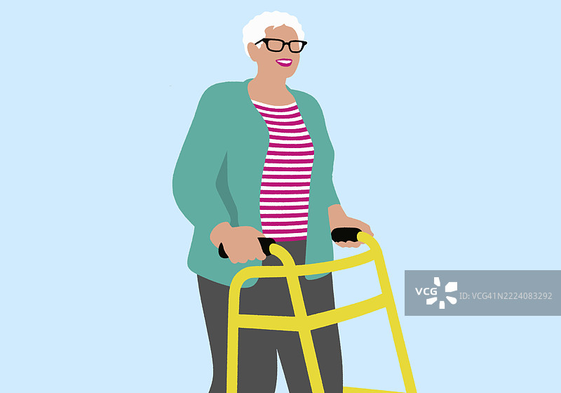 一位白发戴眼镜的老年女性在蓝色背景下使用黄色助行器。插图图片素材
