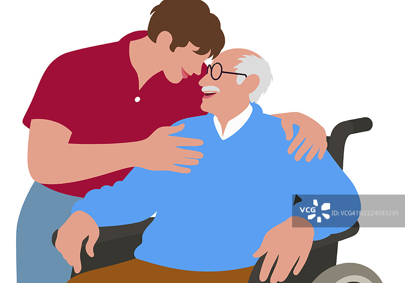 年轻人温柔地拥抱坐在轮椅上的老人。插图图片素材