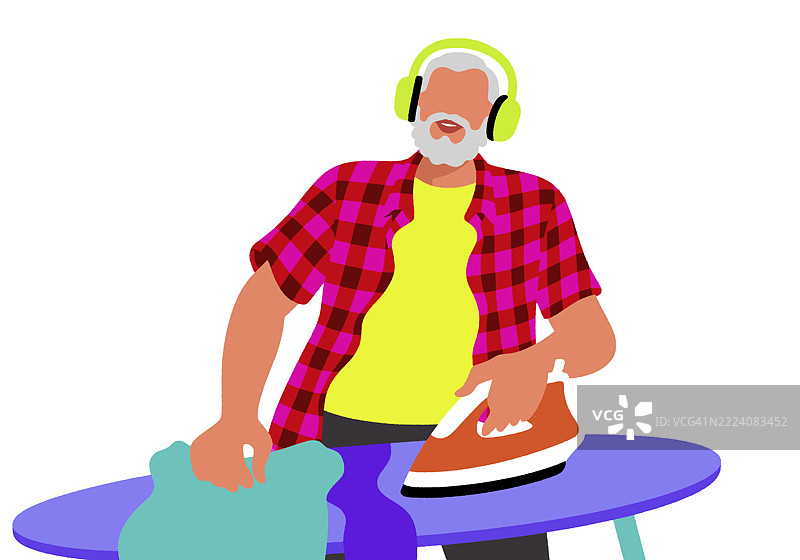 穿着色彩鲜艳服装的老年男子戴着耳机在熨烫衣物。插图图片素材
