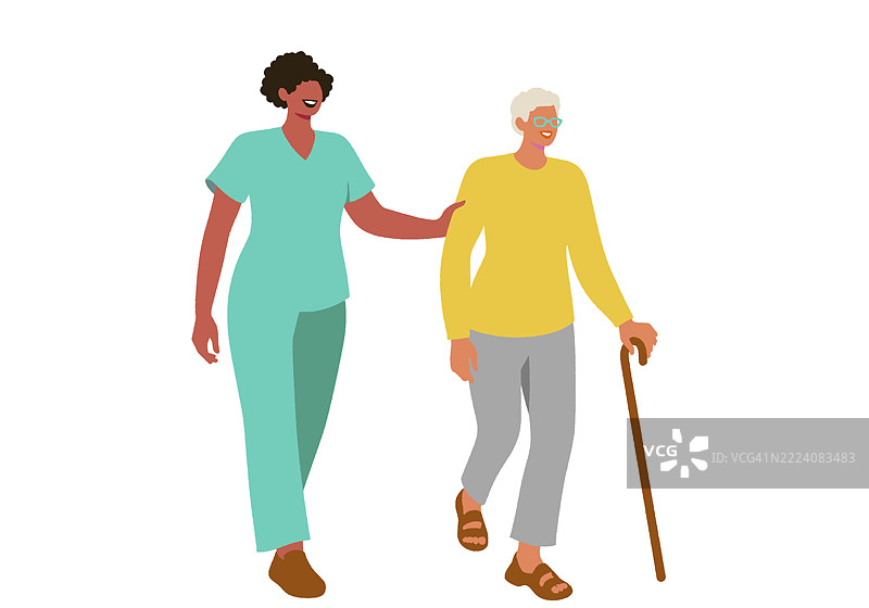 一名医疗工作者在走路时帮助一位使用拐杖的老年人。插图图片素材