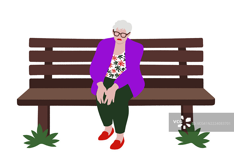 穿着色彩鲜艳服装的老年女性坐在木长椅上，旁边有植物。插图图片素材