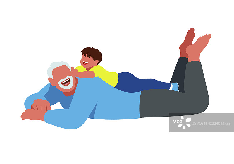 一个快乐的孩子在一位微笑的老年人背上玩耍，背景为纯白色。插图图片素材