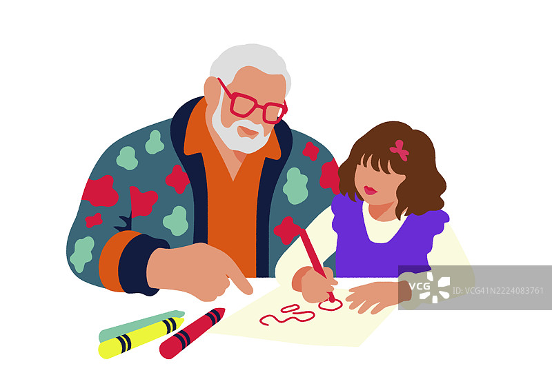 老年人与孩子在色彩斑斓的环境中用蜡笔在桌子上画画。插图图片素材