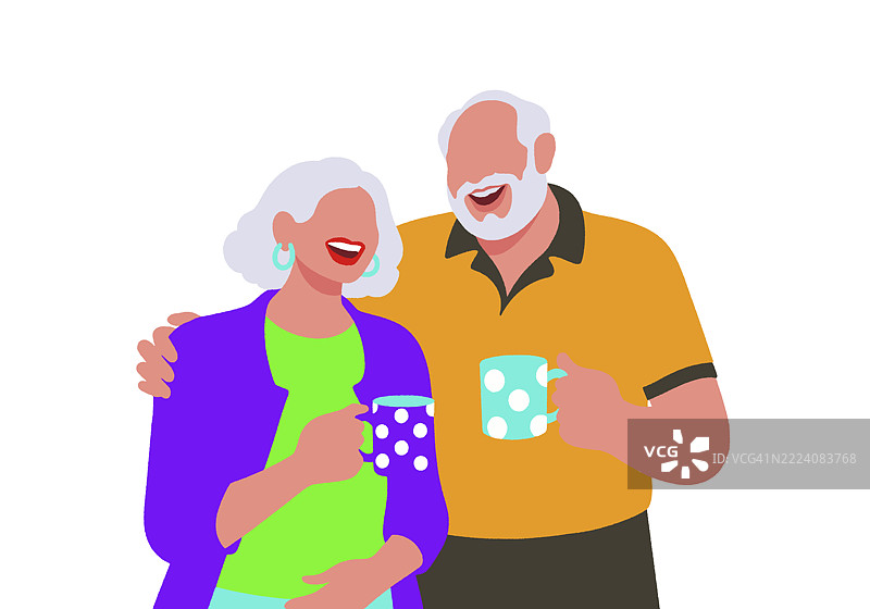 一对老年夫妇快乐地分享时刻，手持波点杯，背景为白色。插图图片素材