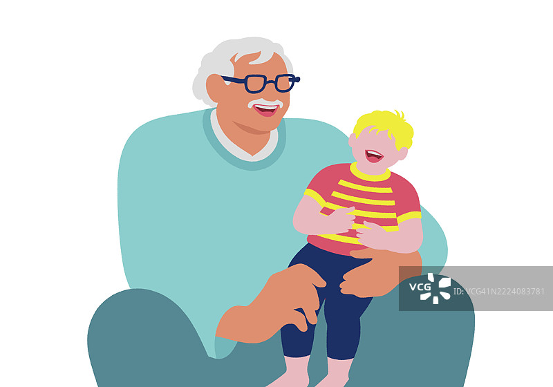老年男子微笑着抱着一个在他腿上笑的孩子插图图片素材
