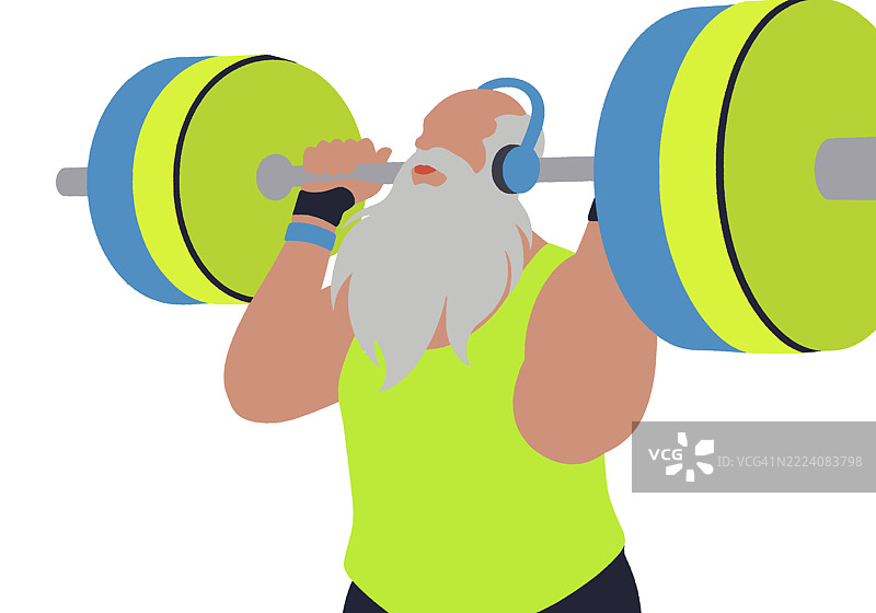 一幅戴着耳机的胡子男人举重的插图。图片素材