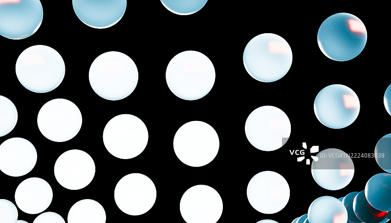 蓝色球体在黑色背景上形成波浪，带有反射高光。3D渲染图片素材