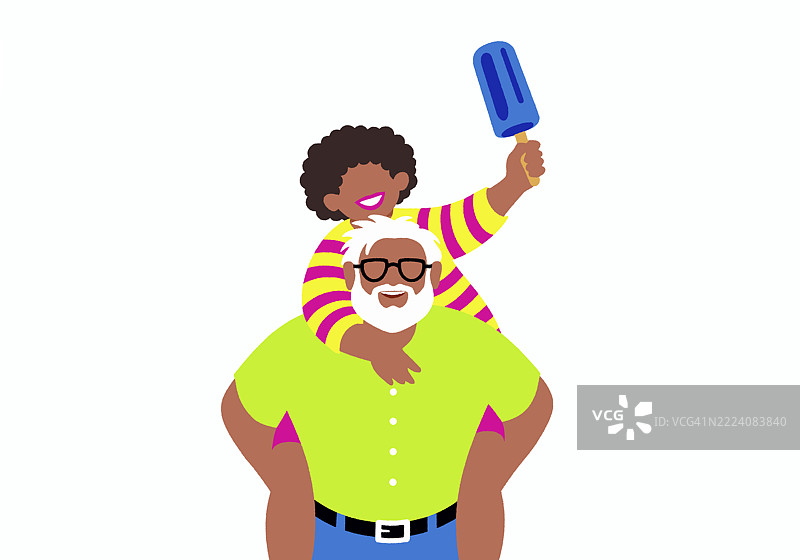 小孩坐在老人的肩膀上，手里拿着冰棒，背景为白色。插图图片素材