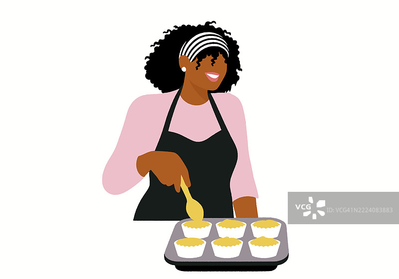微笑着的女性在烘焙杯子蛋糕，穿着围裙和头带。插图图片素材