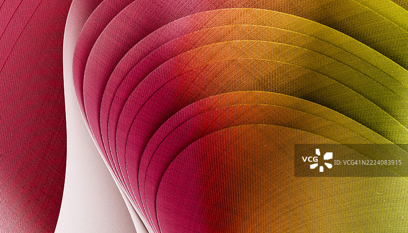 色彩斑斓的重叠纸张特写，形成生动的波浪图案。3D渲染。图片素材
