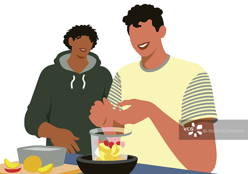 两个人在厨房里微笑着一起准备水果。插图图片素材