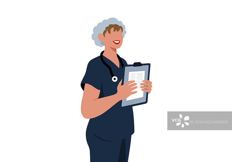 短发女性医护人员手持夹板，穿着蓝色护士服。插图图片素材