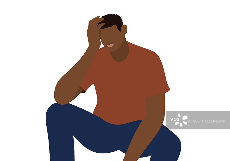 一个人坐着，一只膝盖抬起，手放在头上，背景为白色。插图图片素材