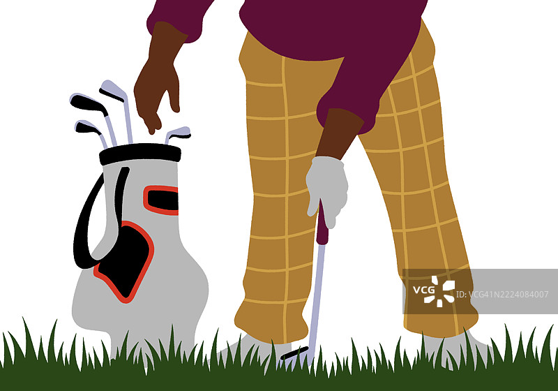 高尔夫球手在晴朗的日子里，准备挥杆，身旁是一只高尔夫球包，周围是高高的草丛。插图图片素材