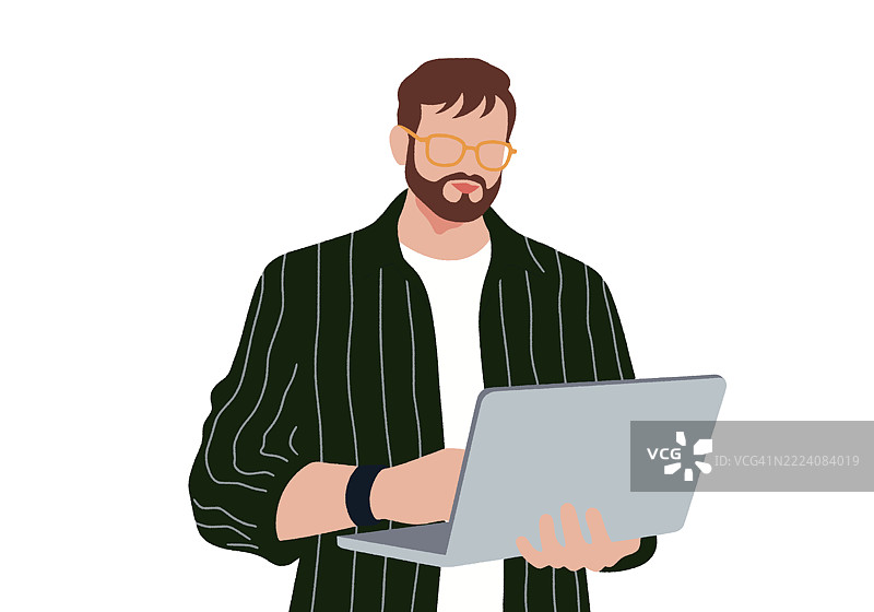 一名男子站着使用笔记本电脑，神情专注。插图图片素材