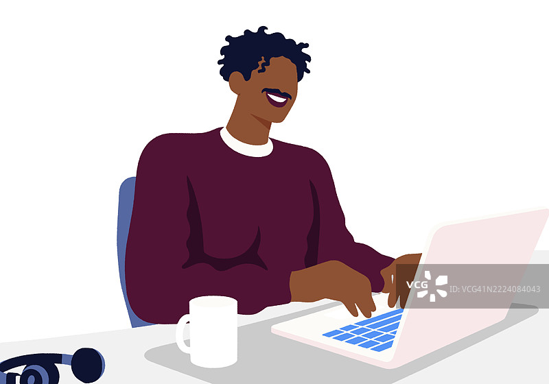 在桌子上用笔记本电脑打字的人，旁边有咖啡杯和耳机。插图图片素材