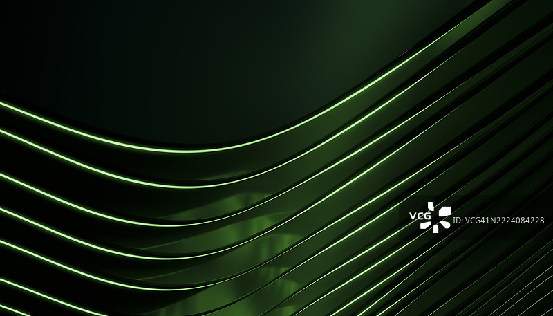 抽象的绿色波浪线在深色背景上创造出未来感和流畅的设计。3D渲染图片素材