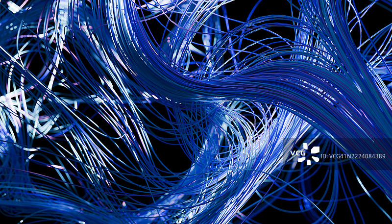交织的蓝白光纤电缆形成复杂的发光图案。3D渲染图片素材