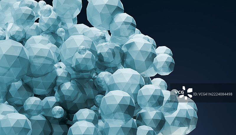 蓝色低多面体球体重叠的几何图案。3D渲染。图片素材