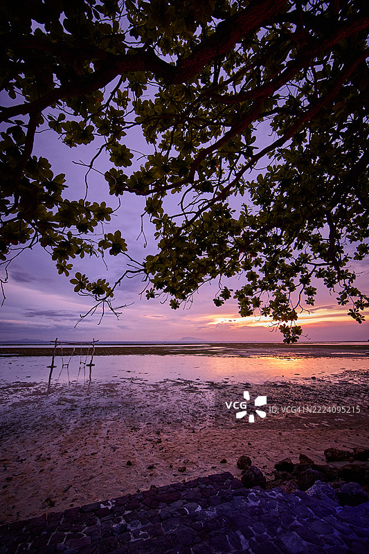 宁静的日落映照在低潮时的安静海湾上。图片素材