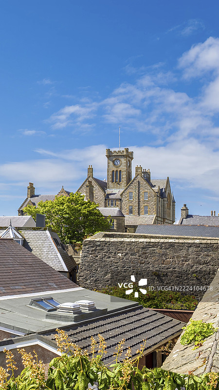 勒威克，位于苏格兰谢特兰群岛的一个海滨城市，拥有风景如画的中世纪房屋。图片素材