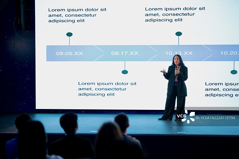 在科技会议上，专业演讲者在舞台上展示视觉幻灯片图片素材