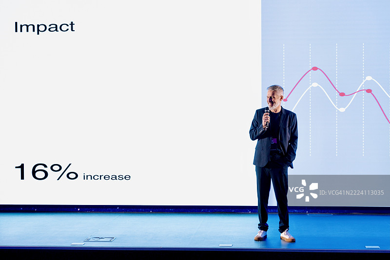 经验丰富的演讲者在舞台上讲述技术增长与可持续创新图片素材