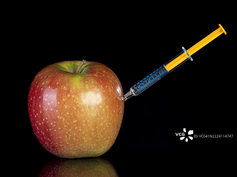 在黑色背景下，用注射器对红色美味苹果进行基因改造实验。图片素材