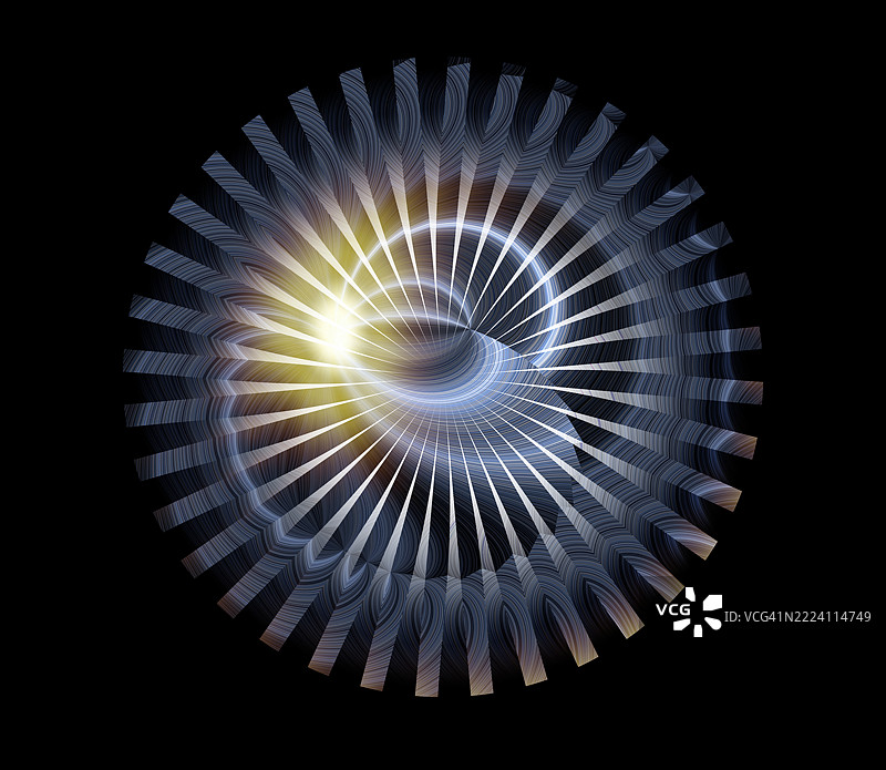 黑色背景上，一个圆形齿轮形状的图案，内部有移动的光轨。图片素材