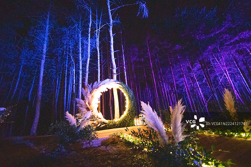 一个美丽的婚礼祭坛在傍晚时分被五彩斑斓的聚光灯照亮，设置在森林中的户外。图片素材