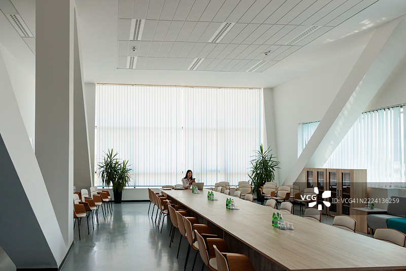 专注的女商人在会议室使用笔记本电脑工作图片素材