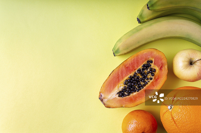 在黄色背景上放置木瓜、香蕉、橙子、苹果和橘子，留有空白空间。图片素材