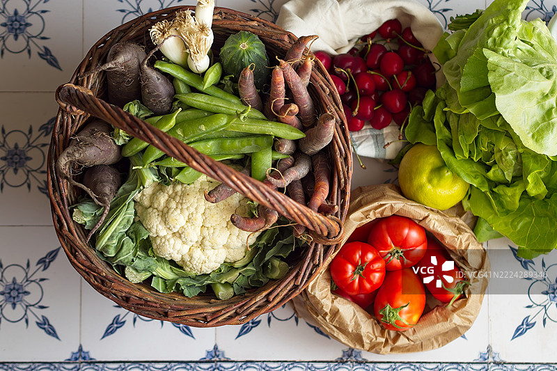 高角度视图的食物在桌子上的篮子里，德国图片素材