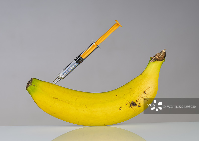 在黑色背景下用注射器对香蕉进行基因改造实验。图片素材