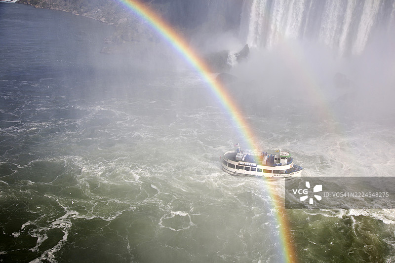尼亚加拉大瀑布。游客船在水雾和彩虹中。图片素材