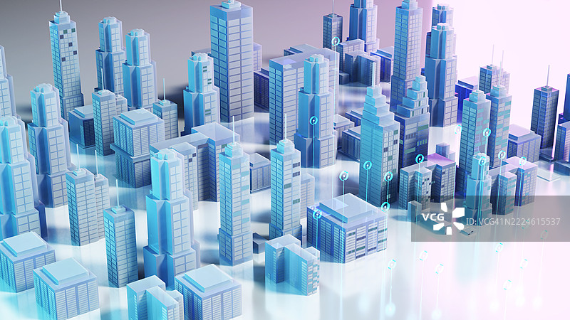 蓝色调的城市天际线展示未来主义建筑和智慧城市元素。双城概念图片素材