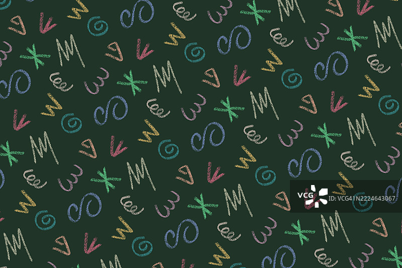 深橄榄绿色背景上的彩色粉笔涂鸦图案图片素材