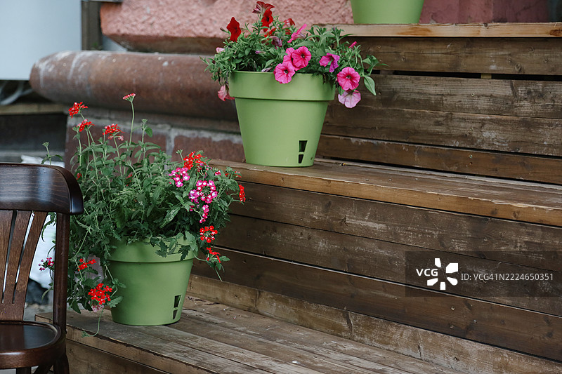 全景人行道咖啡馆外观，背景为质朴的木材，摆放着盆栽花卉。图片素材