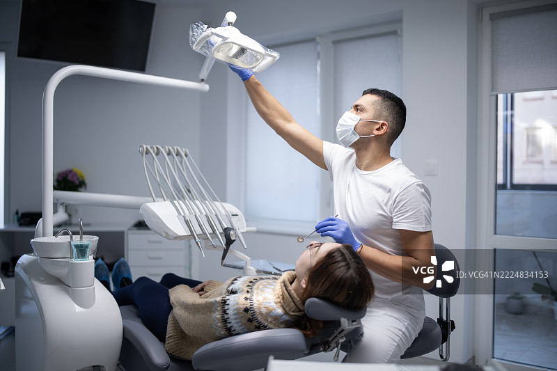 牙医正在检查女性患者的牙齿状况。图片素材