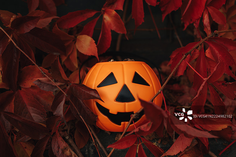 万圣节南瓜桶 nestled 在秋天的落叶中。图片素材