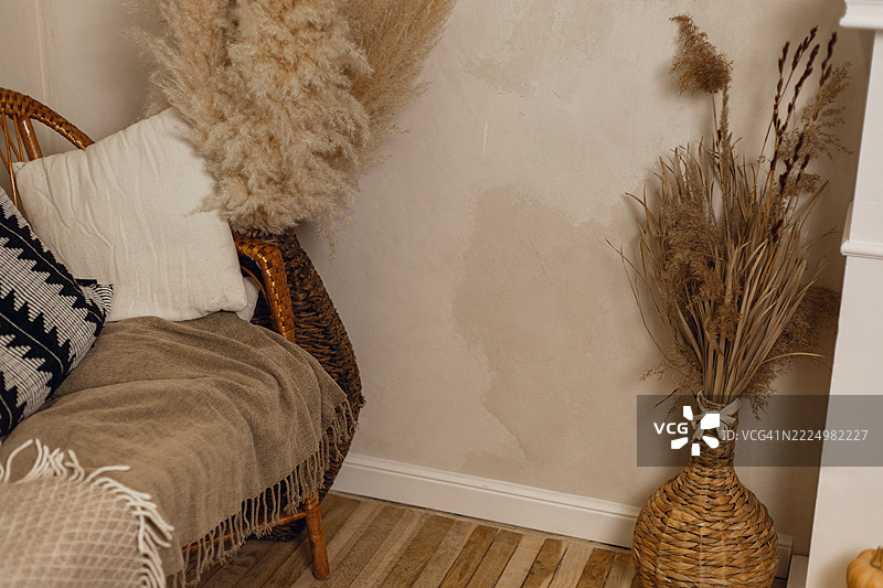 带有靠垫和流苏毛毯的藤椅，旁边是一个装满高大的芦苇草的花瓶，以及一个装在藤瓶中的类似小花束，放在木地板上。图片素材
