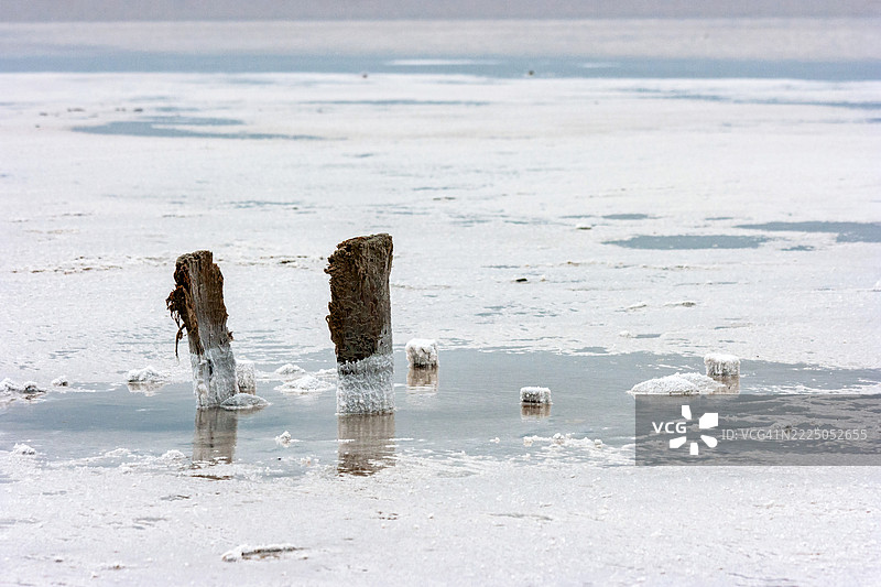 俄罗斯埃尔顿湖盐面上的旧木桩碎片。图片素材