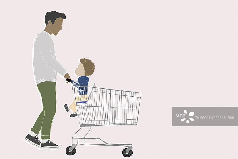 父亲在超市推着孩子的购物车插图图片素材