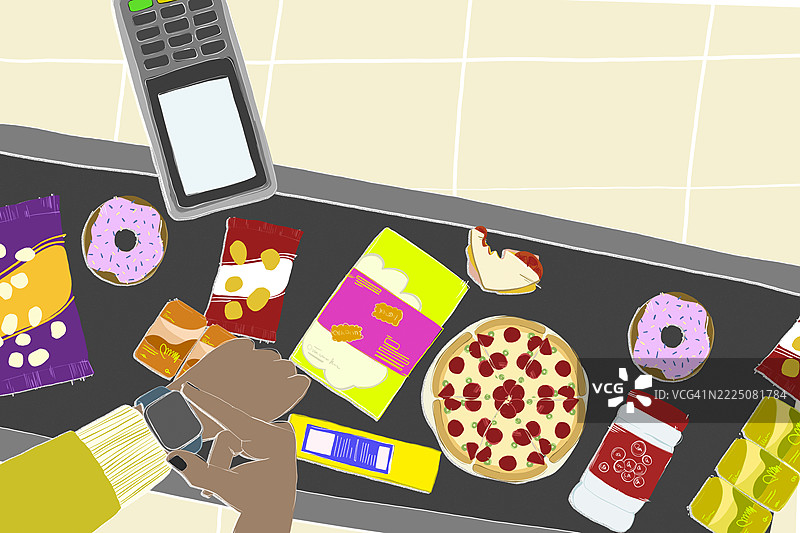 超市收银台的插图，展示了杂货和用于数字支付的智能手表图片素材