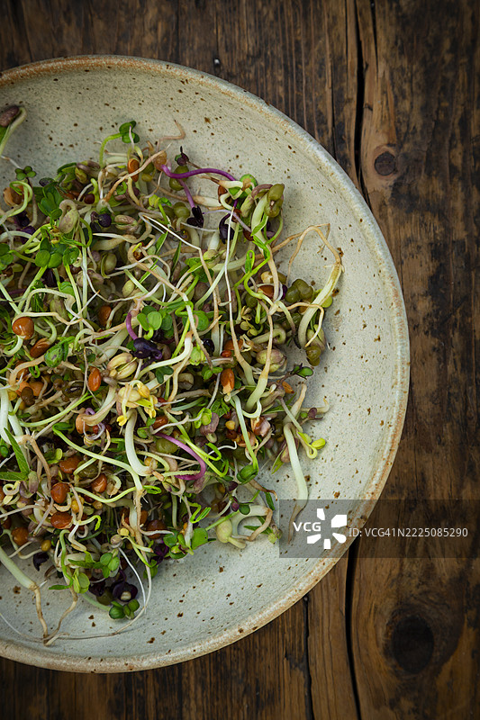 各种自家种植的芽菜放在深色木碗中图片素材