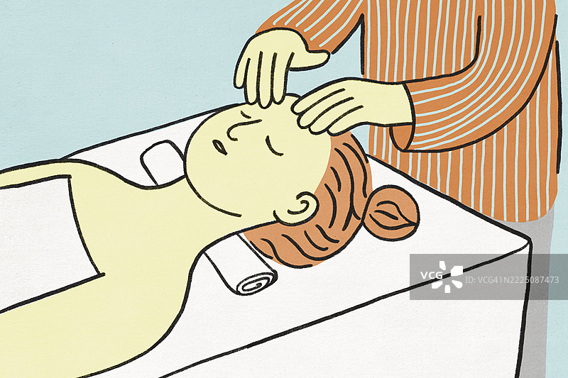 在水疗中心接受放松面部按摩的人物插图图片素材